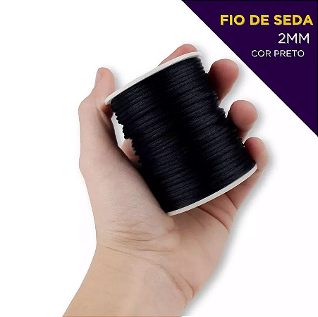 Cordão Acetinado Rabo de Rato - Fio de Seda - 2mm - Rolo C/50 Mts Cor:PRETO