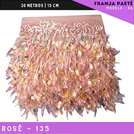 Franja de Paete Irisado Premium c/ lantejoula folhas - Ref:06 - Rolo C/ 9.10 mts COR:ROSE