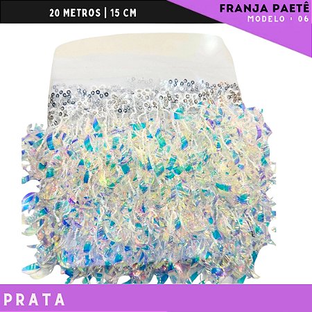 Franja de Paete Irisado Premium c/ lantejoula folhas - Ref:06 - Rolo C/ 9.10 mts COR:PRATA