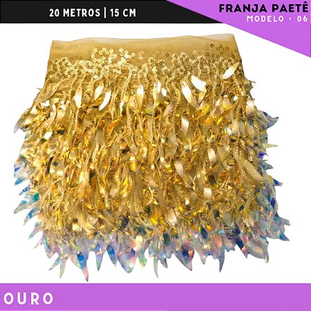Franja de Paete Irisado Premium c/ lantejoula folhas - Ref:06 - Rolo C/ 9.10 mts COR:OURO