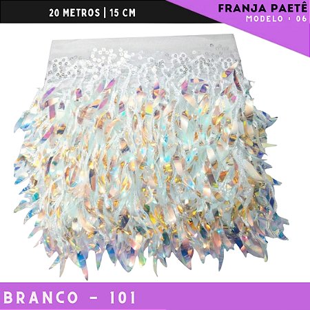 Franja de Paete Irisado Premium c/ lantejoula folhas - Ref:06 - Rolo C/ 9.10 mts COR:BRANCO