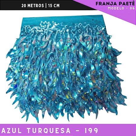 Franja de Paete Irisado Premium c/ lantejoula folhas - Ref:06 - Rolo C/ 9.10 mts COR:AZUL-TURQUESA