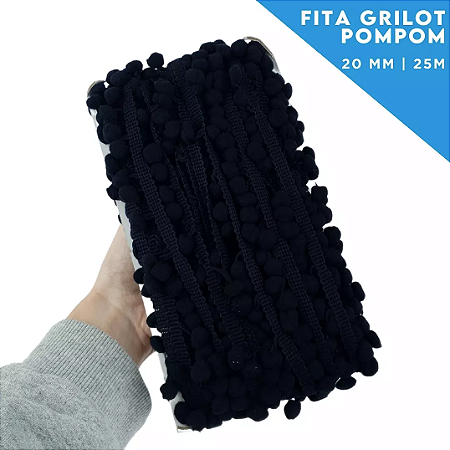 Fita Grelot Pom-Pom Em Metro - 20mm - Rolo C/ 25 Mts COR: PRETO-310