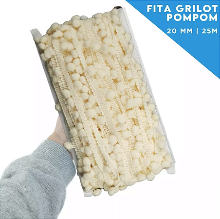 Fita Grelot Pom-Pom Em Metro - 20mm - Rolo C/ 25 Mts COR: NATURAL-296