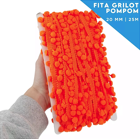 Fita Grelot Pom-Pom Em Metro - 20mm - Rolo C/ 25 Mts COR: LARANJA-NEON-01