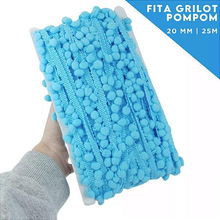 Fita Grelot Pom-Pom Em Metro - 20mm - Rolo C/ 25 Mts COR: AZUL-TURQUESA-199