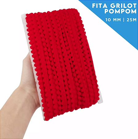Fita Grelot Pom-Pom Em Metro - 10mm - Rolo C/ 25 Mts COR: VERMELHO-145