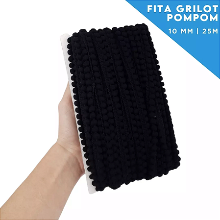 Fita Grelot Pom-Pom Em Metro - 10mm - Rolo C/ 25 Mts COR: PRETO-310