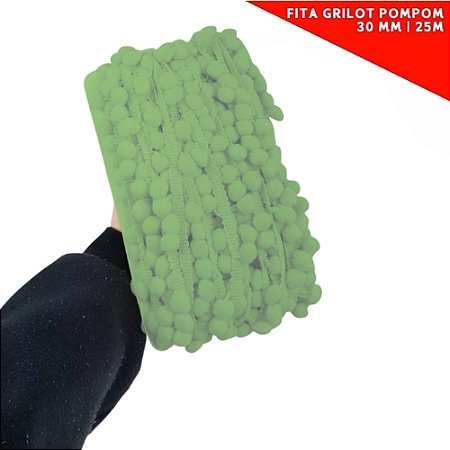 Fita Grelot Pom-Pom Em Metro - 30mm - Rolo C/ 25 Mts. COR: VERDE-OLIVA-254