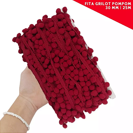 Fita Grelot Pom-Pom Em Metro - 30mm - Rolo C/ 25 Mts. COR: VINHO-CLARO-520