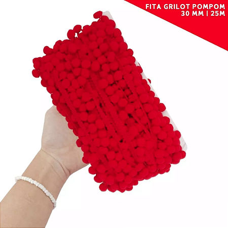 Fita Grelot Pom-Pom Em Metro - 30mm - Rolo C/ 25 Mts. COR: VERMELHO-145