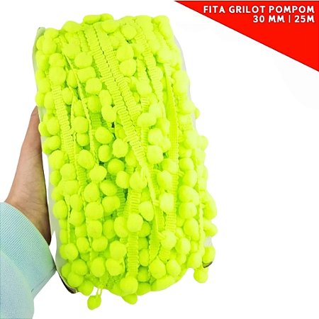 Fita Grelot Pom-Pom Em Metro - 30mm - Rolo C/ 25 Mts. COR: VERDE-NEON-02