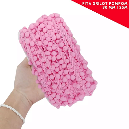 Fita Grelot Pom-Pom Em Metro - 30mm - Rolo C/ 25 Mts. COR: ROSA-CHICLETE-140