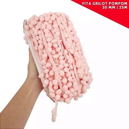 Fita Grelot Pom-Pom Em Metro - 30mm - Rolo C/ 25 Mts. COR: ROSA-BEBE-132