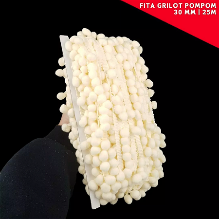 Fita Grelot Pom-Pom Em Metro - 30mm - Rolo C/ 25 Mts. COR: NATURAL-296