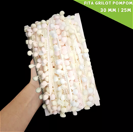 Fita Grelot Pom-Pom Em Metro - 30mm - Rolo C/ 25 Mts. COR: MULT-PASTEL