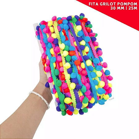 Fita Grelot Pom-Pom Em Metro - 30mm - Rolo C/ 25 Mts. COR: MULT-ESCURO