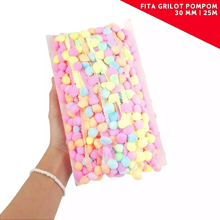 Fita Grelot Pom-Pom Em Metro - 30mm - Rolo C/ 25 Mts. COR: MULT-CLARO