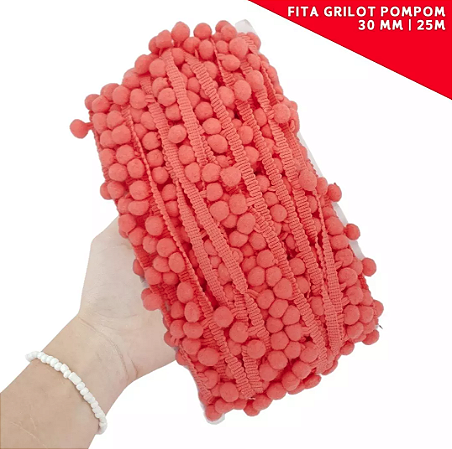Fita Grelot Pom-Pom Em Metro - 30mm - Rolo C/ 25 Mts. COR: CORAL-816