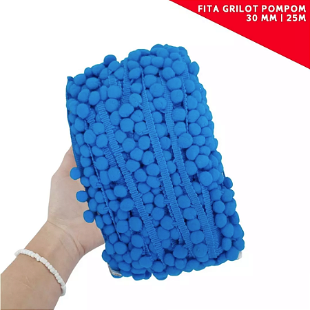Fita Grelot Pom-Pom Em Metro - 30mm - Rolo C/ 25 Mts. COR: AZUL-PAVAO-550