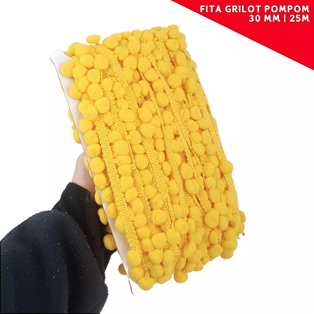 Fita Grelot Pom-Pom Em Metro - 30mm - Rolo C/ 25 Mts. COR: AMARELO-OURO-110