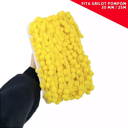 Fita Grelot Pom-Pom Em Metro - 30mm - Rolo C/ 25 Mts. COR: AMARELO-CANARIO-106