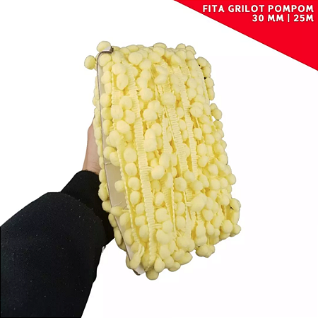 Fita Grelot Pom-Pom Em Metro - 30mm - Rolo C/ 25 Mts. COR: AMARELO-BEBE-104