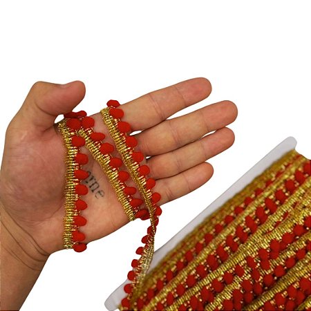 Fita Grelot Pompom Ouro - Passamanaria 10mm - Rolo C/ 25 Mts COR: VERMELHO-145