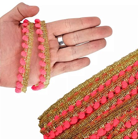Fita Grelot Pompom Ouro - Passamanaria 10mm - Rolo C/ 25 Mts COR: ROSA-NEON-03