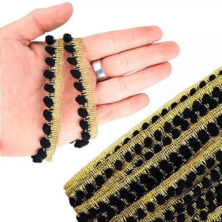 Fita Grelot Pompom Ouro - Passamanaria 10mm - Rolo C/ 25 Mts COR: PRETO-310