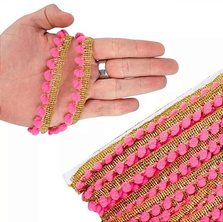 Fita Grelot Pompom Ouro - Passamanaria 10mm - Rolo C/ 25 Mts COR: PINK-312