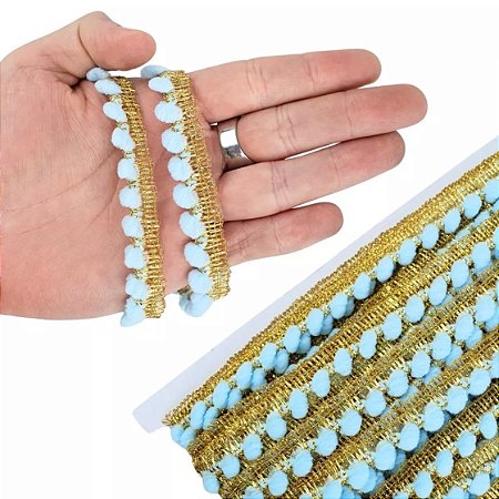 Fita Grelot Pompom Ouro - Passamanaria 10mm - Rolo C/ 25 Mts COR: AZUL-BEBE-177