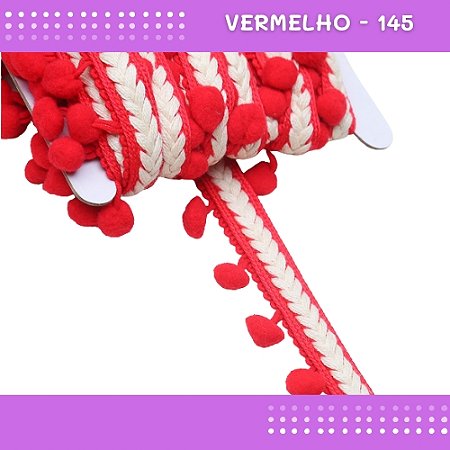 Pom Pom Cadarço Decorativo em Metro - 30mm - Rolo C/10 Metros COR: VERMELHO-145