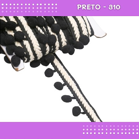 Pom Pom Cadarço Decorativo em Metro - 30mm - Rolo C/10 Metros COR: PRETO-310