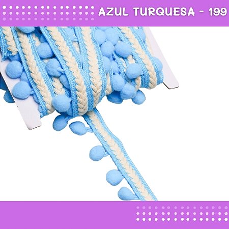 Pom Pom Cadarço Decorativo em Metro - 30mm - Rolo C/10 Metros COR: AZUL-TURQUESA-199