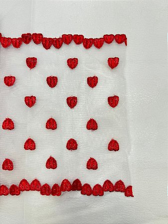 Renda Tule Bordado Coração - Tam: 19cm - Rolo C/ 13.7 Mts Cor:Rubi-146