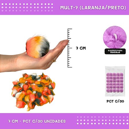 Pom Pom Pelucia - 70mm - Pct C/30 Unid. COR: MULT-7 (LARANJA/PRETO)