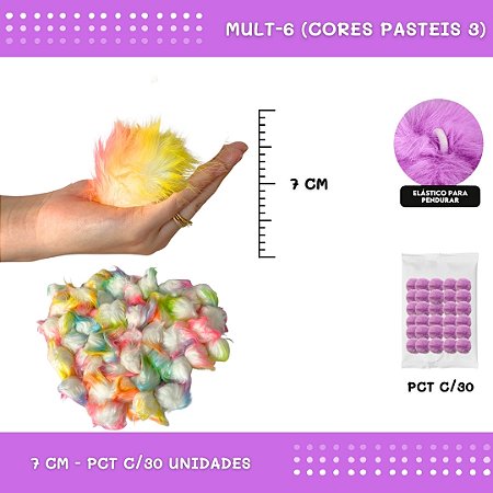Pom Pom Pelucia - 70mm - Pct C/30 Unid. COR: MULT-6 (CORES PASTEIS 3)