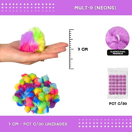 Pom Pom Pelucia - 70mm - Pct C/30 Unid. COR: MULT-9 (NEONS)