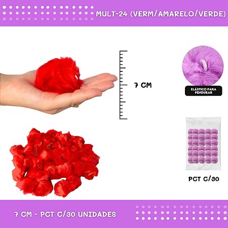 Pom Pom Pelucia - 70mm - Pct C/30 Unid. COR: MULT-24 (VERM/AMARELO/VERDE)