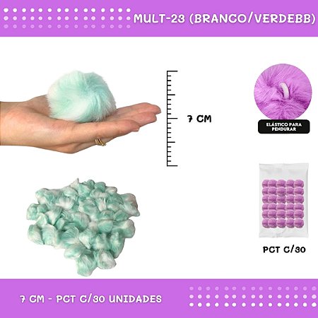Pom Pom Pelucia - 70mm - Pct C/30 Unid. COR: MULT-23 (BRANCO/VERDEBB)