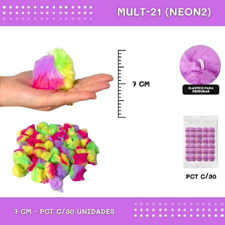Pom Pom Pelucia - 70mm - Pct C/30 Unid. COR: MULT-21 (NEON2)