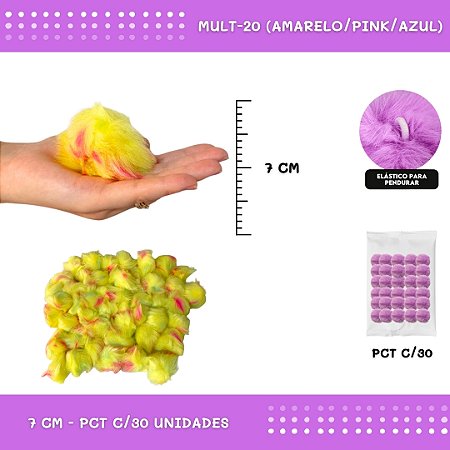 Pom Pom Pelucia - 70mm - Pct C/30 Unid. COR: MULT-20 (AMARELO/PINK/AZUL)
