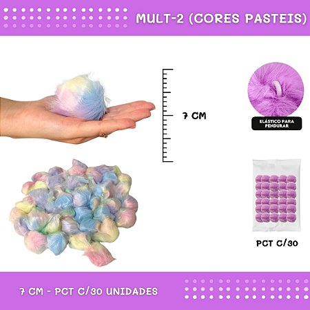 Pom Pom Pelucia - 70mm - Pct C/30 Unid. COR: MULT-2 (CORES PASTEIS)