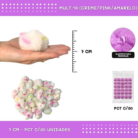 Pom Pom Pelucia - 70mm - Pct C/30 Unid. COR: MULT-19 (CREME/PINK/AMARELO)