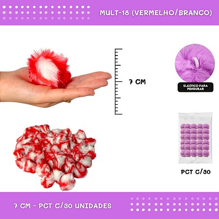 Pom Pom Pelucia - 70mm - Pct C/30 Unid. COR: MULT-18 (VERMELHO/BRANCO)