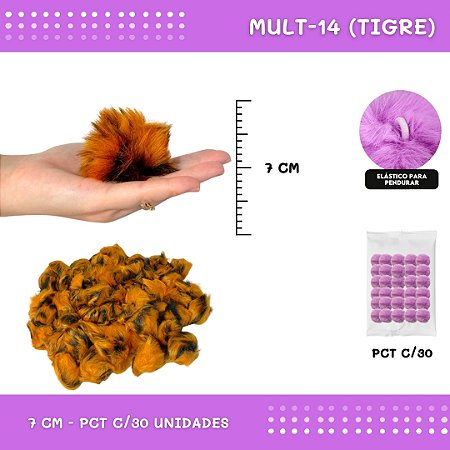 Pom Pom Pelucia - 70mm - Pct C/30 Unid. COR: MULT-14 (TIGRE)