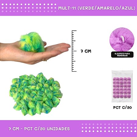 Pom Pom Pelucia - 70mm - Pct C/30 Unid. COR: MULT-11 (VERDE/AMARELO/AZUL)
