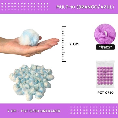 Pom Pom Pelucia - 70mm - Pct C/30 Unid. COR: MULT-10 (BRANCO/AZUL)
