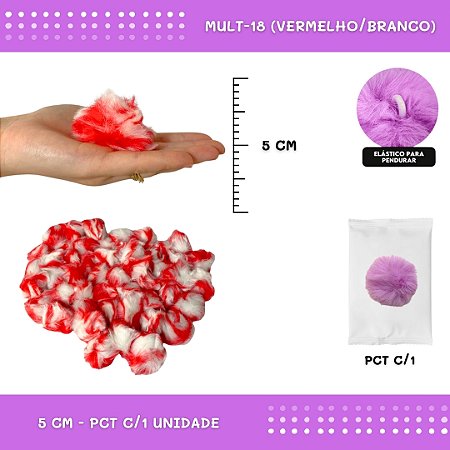 Pom Pom Pelucia - 50mm - Unidade COR: MULT-18 (VERMELHO/BRANCO)